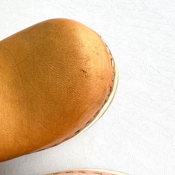 Swedish Hasbeens Tan Leather Closed Toe Slip On Wooden Husband Mule Clogs Sz 36 - Picture 5 of 11